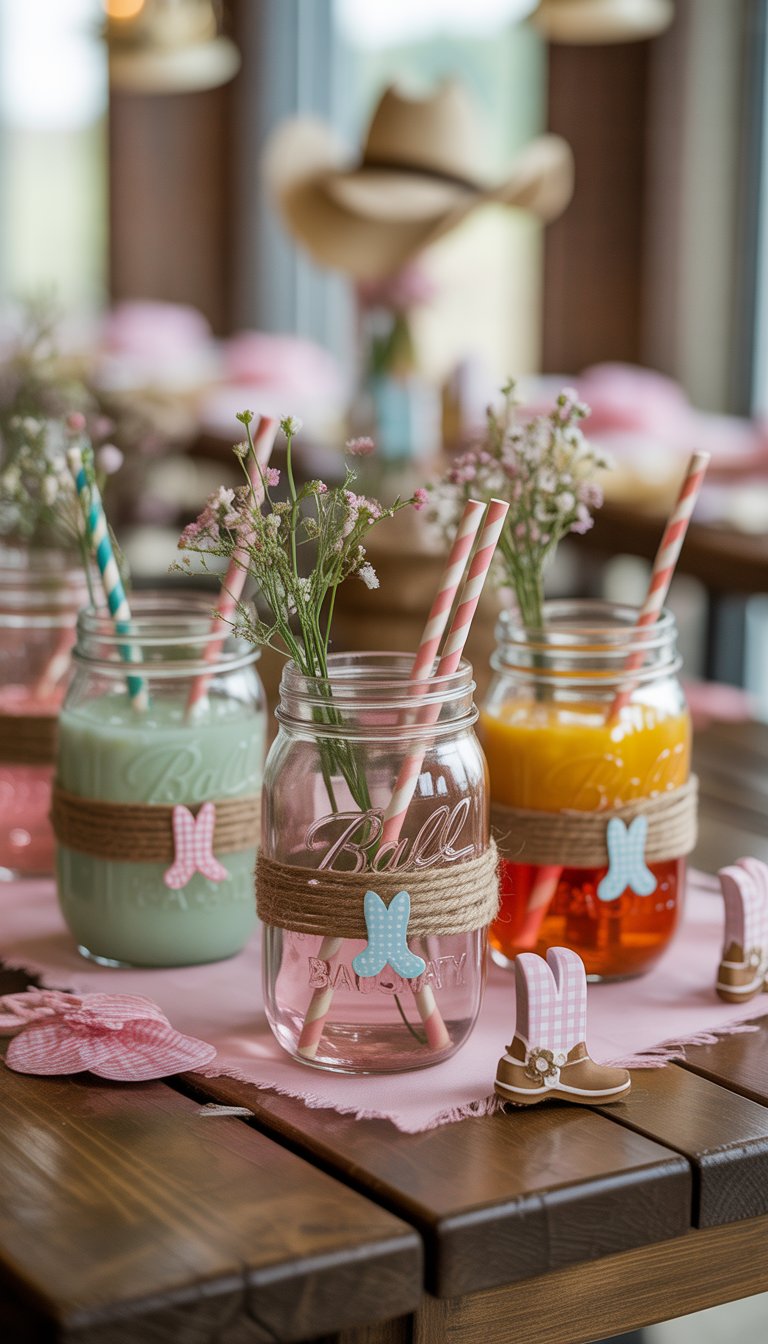Mason jars wrapped with twine holding colorful drinks, decorated with cowgirl-themed baby shower items on a wooden table.